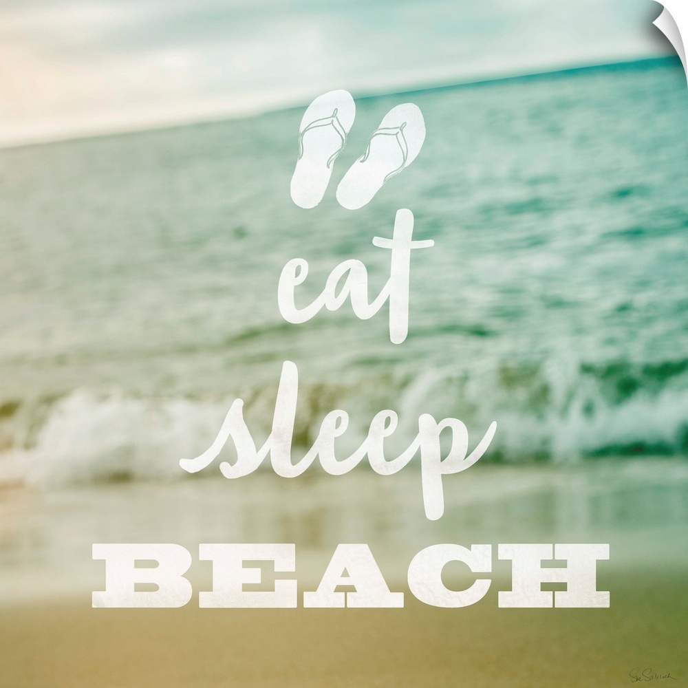 "Eat Sleep Beach" in white text over a pastel image of the beach.