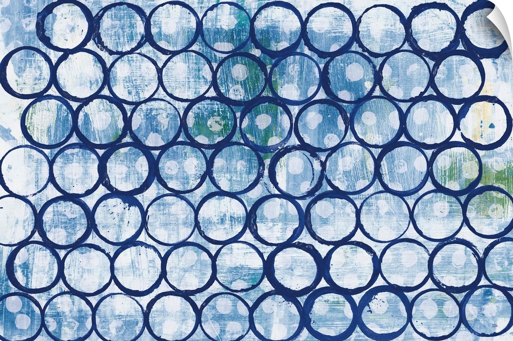 Large abstract painting of indigo outlines of circles on a blue, green, and white background with smaller, solid, white ci...