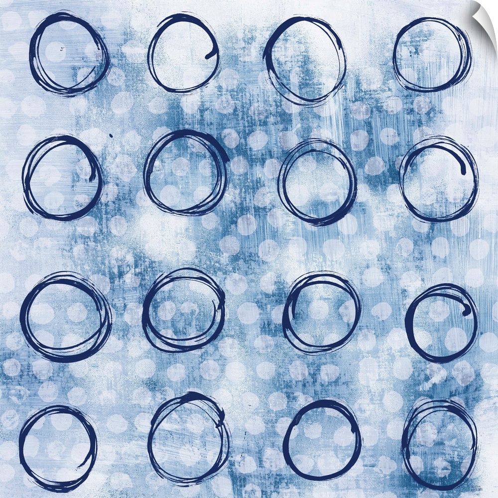 Square abstract painting with indigo outlines of circles in rows in the foreground and smaller, solid, white circles in th...