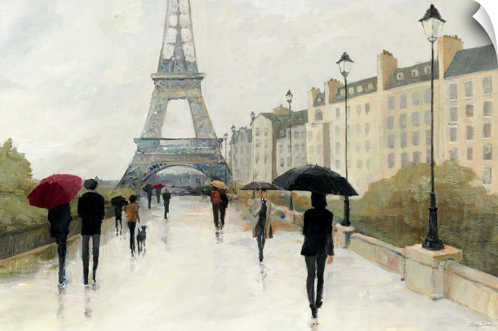 Contemporary painting of a street in Paris leading to the Eiffel Tower, with figures with umbrellas.
