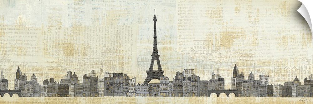 Landscape, giant artwork of illustrations of the city of Paris, the Eiffel Tower in the center, on an antiqued background ...
