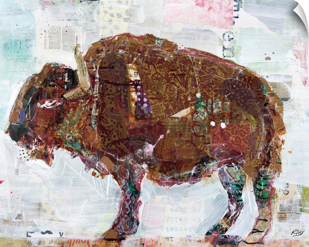 Large abstract art of a buffalo created with mixed media.