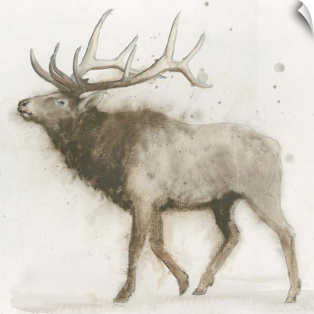 Contemporary painting of an elk against an off white background.