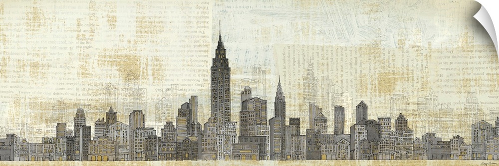 Panoramic illustration of New York skyline.  The image is overlain with paragraphs of text oriented in various directions.