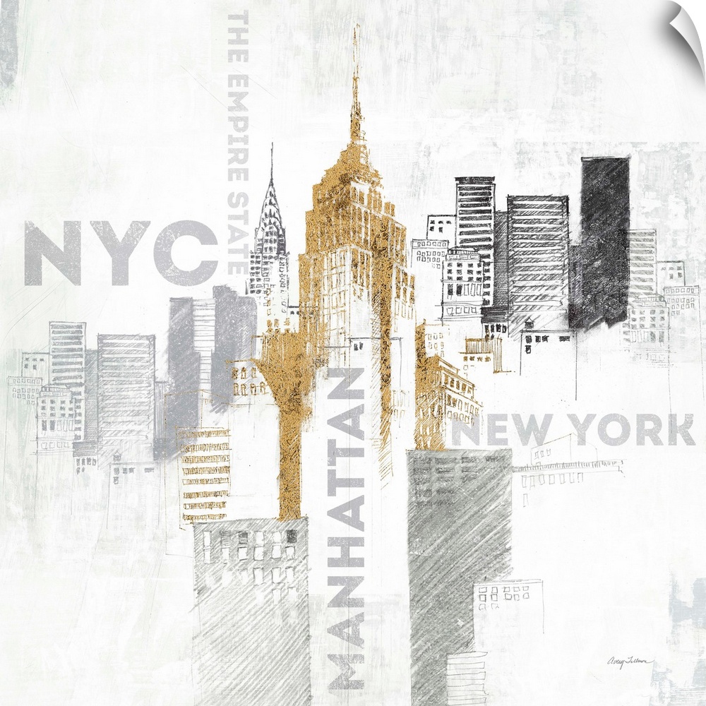 Sketches of the Empire State Building and the New York skyline in metallic colors.