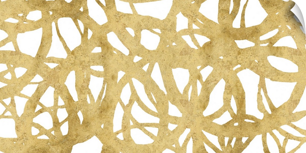 Large abstract painting with a golden web-like design on a white background.