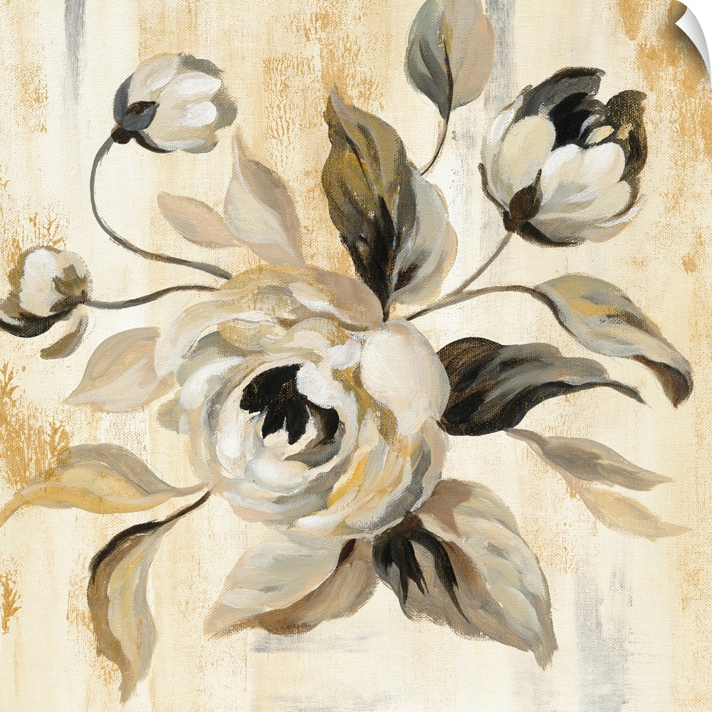 Square painting of white English Roses on a beige and brown background with metallic gold markings.