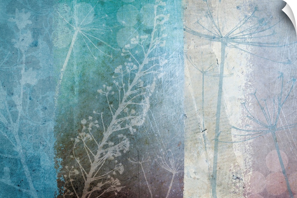 Big canvas abstract painting with dandelion, plants and circles overlayed on top of pastel colors.