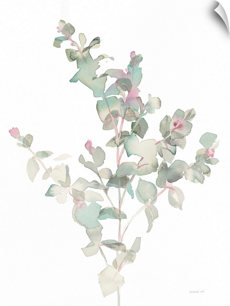 Vertical watercolor painting of green, gray, and pink toned eucalyptus leaves on a white background.
