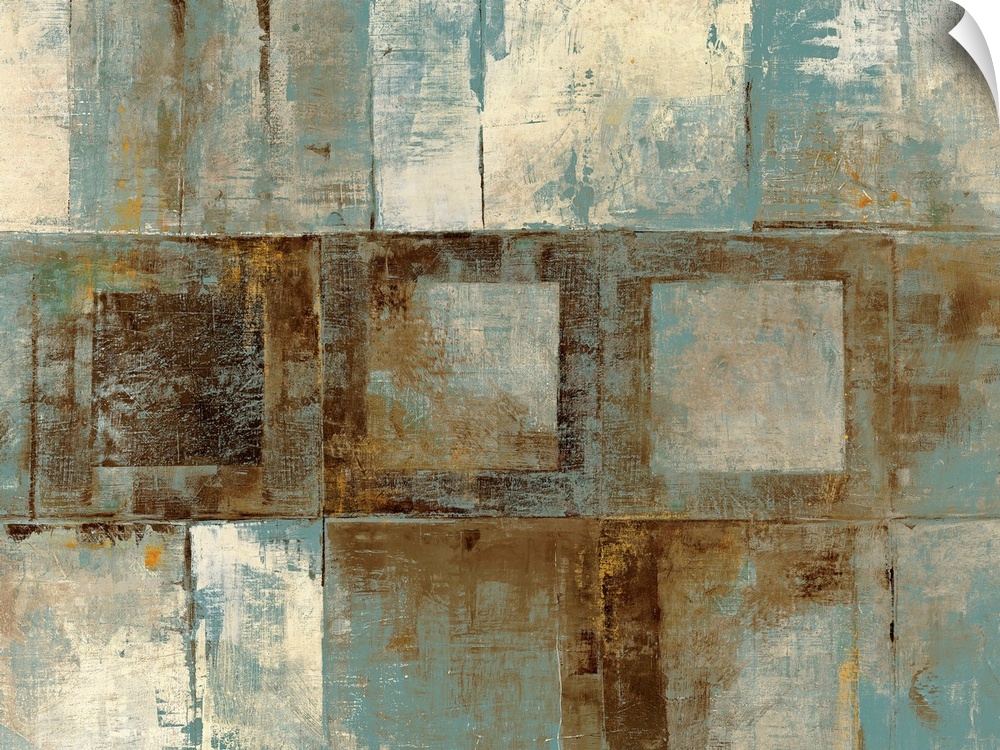 Contemporary abstract painting of various grungy textured squares on a big canvas.