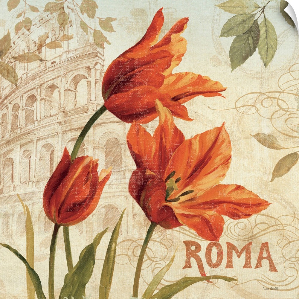 Contemporary painting of flowers with a background of the Coliseum.