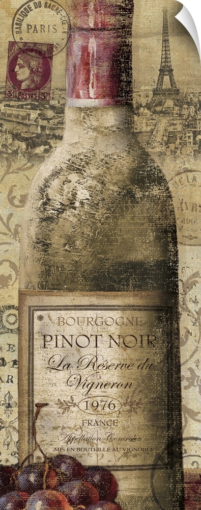 A bottle of pinot noir is drawn with the city of Paris behind it and grapes that sit at the bottom left hand corner.