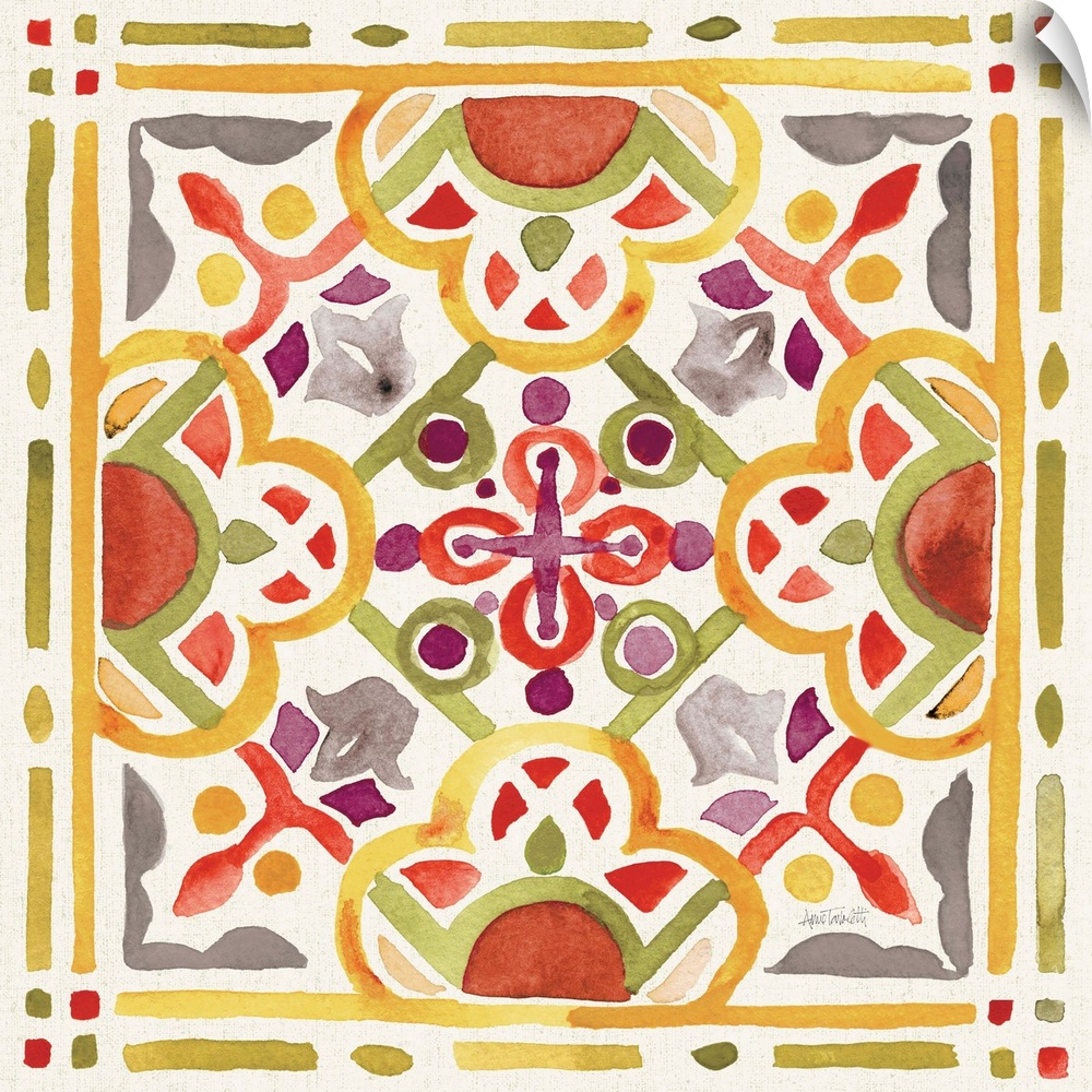 Watercolor painting of a decorative tile design.