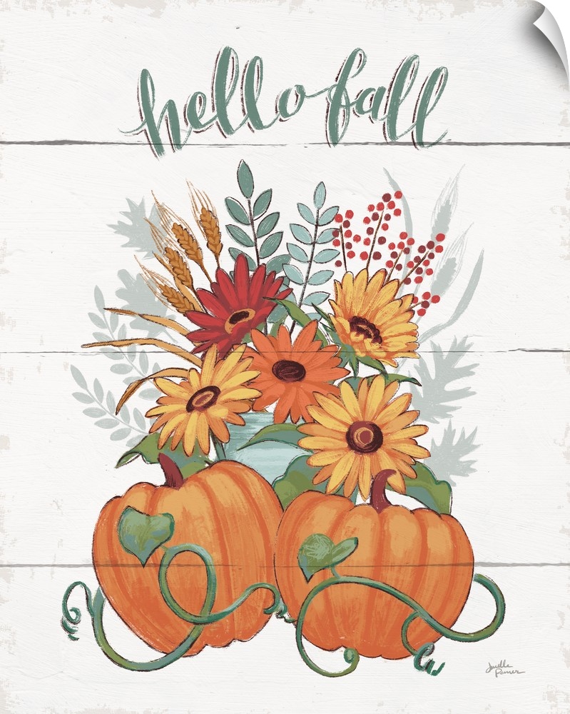 "Hello Fall" with a pair of pumpkins and fall flowers on a white shiplap background.