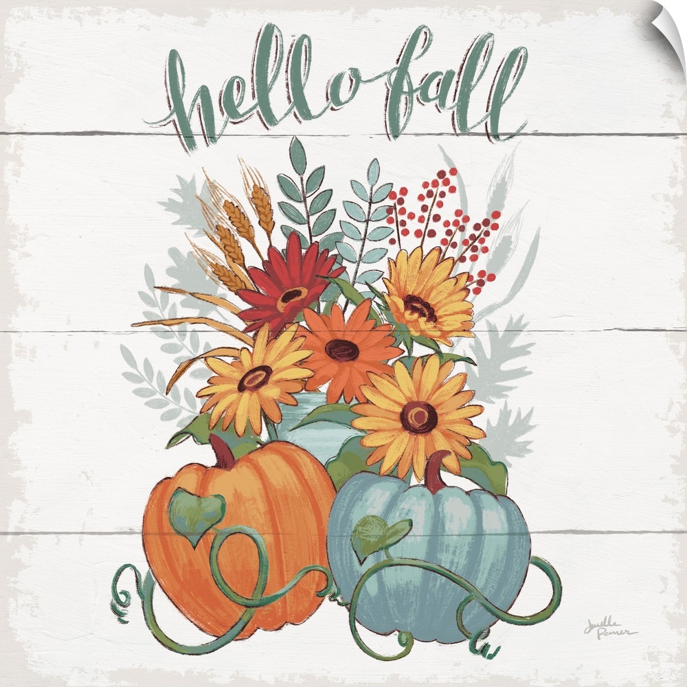 Decorative artwork of the words "Hello Fall" above a bouquet of fall flowers with pumpkins and a white wood background.