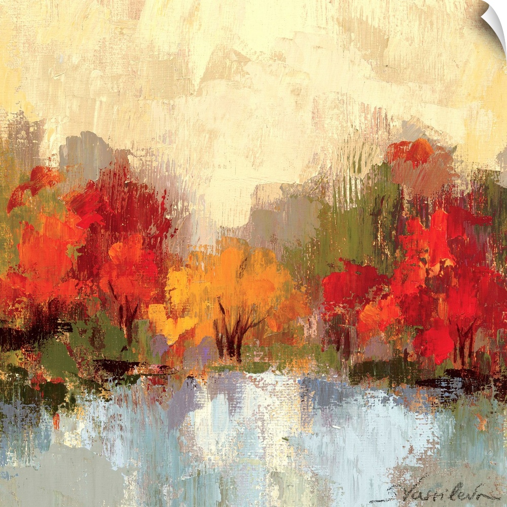 Large colorful artwork of autumn trees with a cream painted sky and cool toned water in front of the trees.