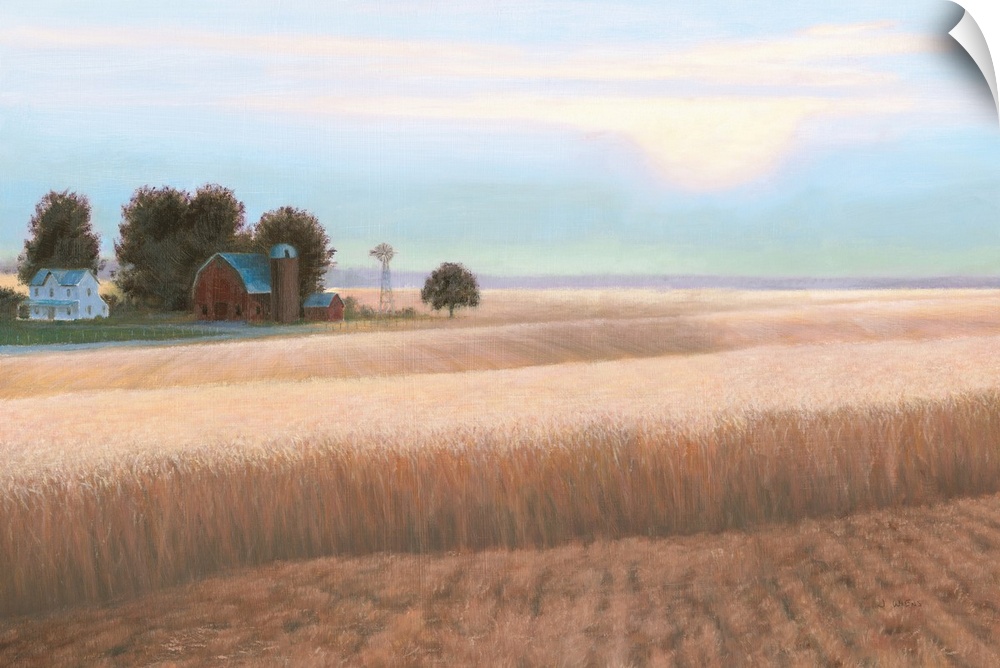 Contemporary artwork of a crop field with a farmhouse and barn in the background.