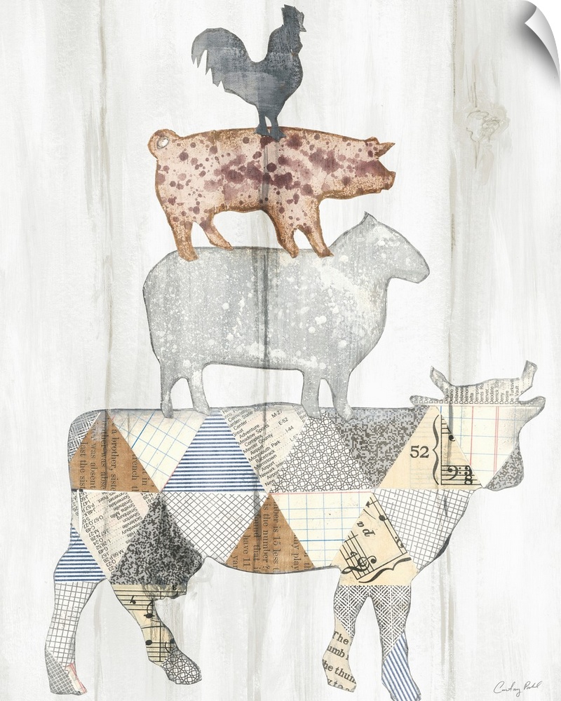 Vertical collage of farm animals stack on top of each other against a white shiplap background.