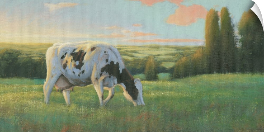 Large contemporary painting of a cow grazing in a field at sunset.
