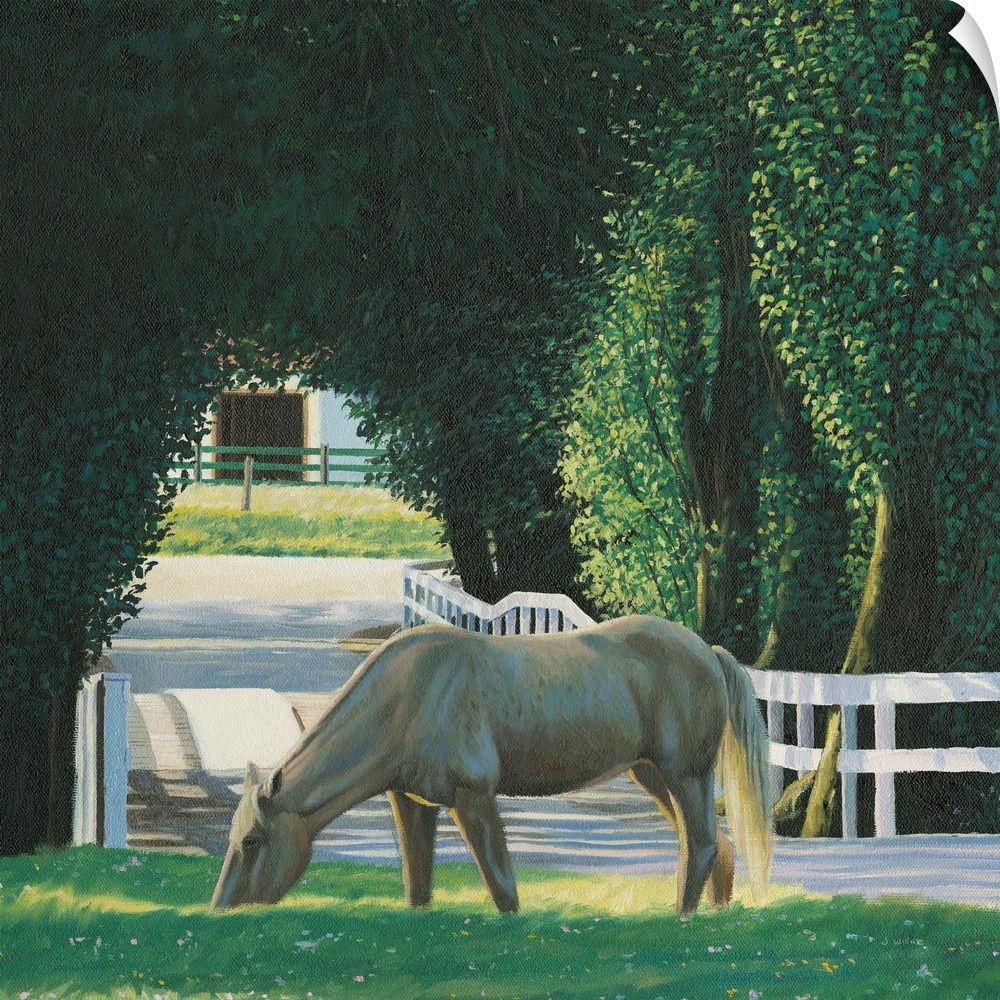 Contemporary painting of a horse grazing alongside a driveway with a white picket fence and arched bushes.