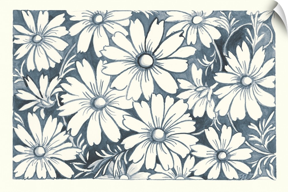 Floral indigo and white watercolor painting with a white border.