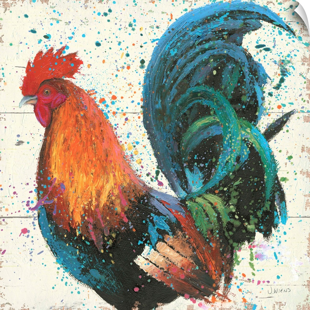 Contemporary painting of a colorful rooster embellished with paint splatters.