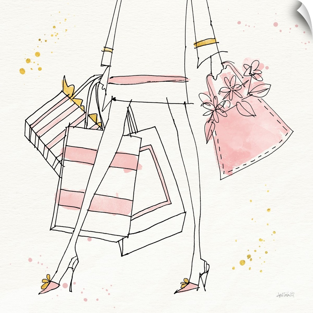 Decorative artwork of a woman in white, pink, and gold carrying shopping bags.