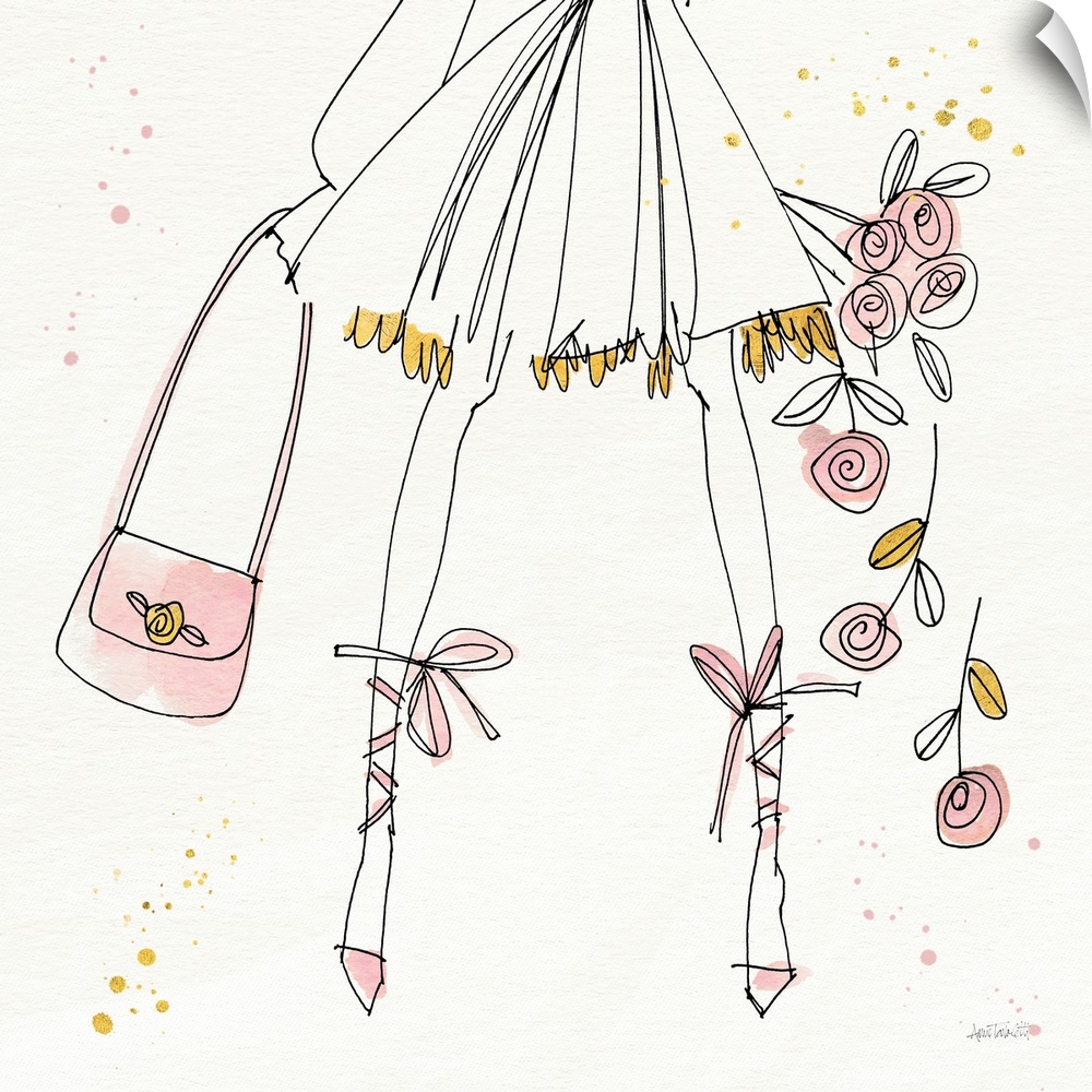 Decorative artwork of a woman wearing ballerina slippers and holding a purse in one hand and flowers in the other, in pink...