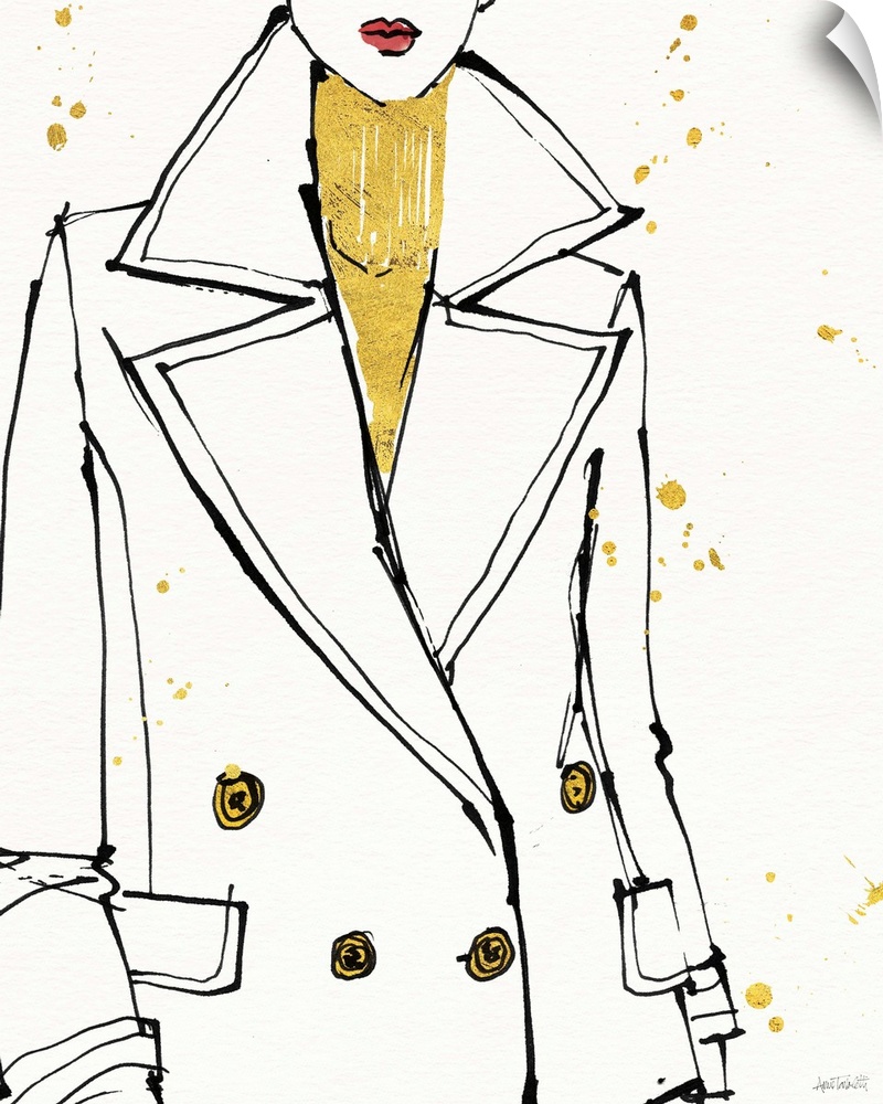 Black and white fashion sketch of woman wearing a peacoat and a metallic gold turtleneck.