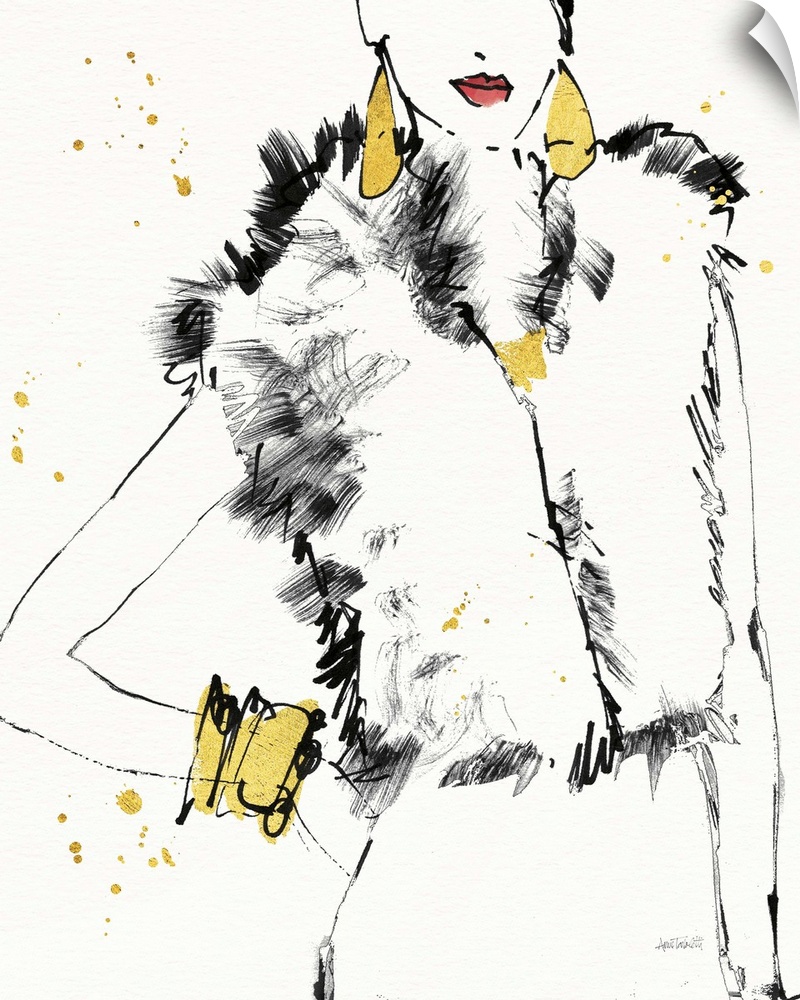Black and white fashion sketch of a woman wearing a fur vest and metallic gold jewelry.