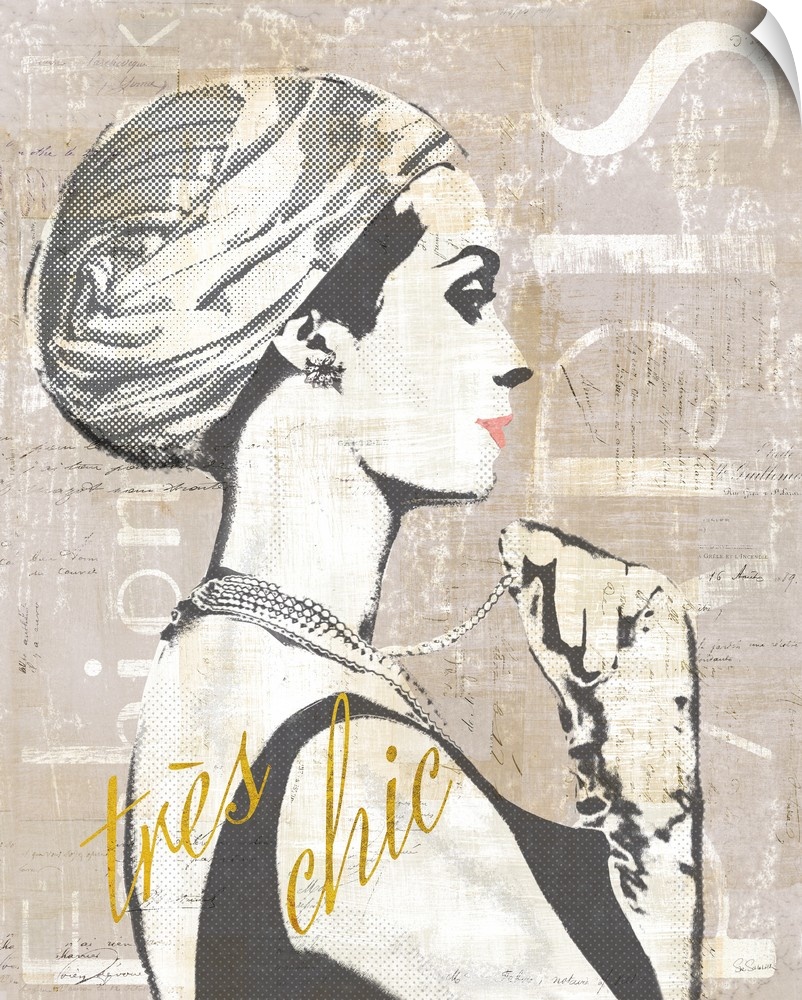 Paris Fashion Week collage in gray, black, and white with "tr?s chic" written in gold a sparkle font.�