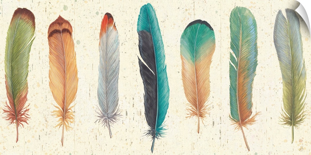 Contemporary artwork of several colorful feathers in a row on a beige background.