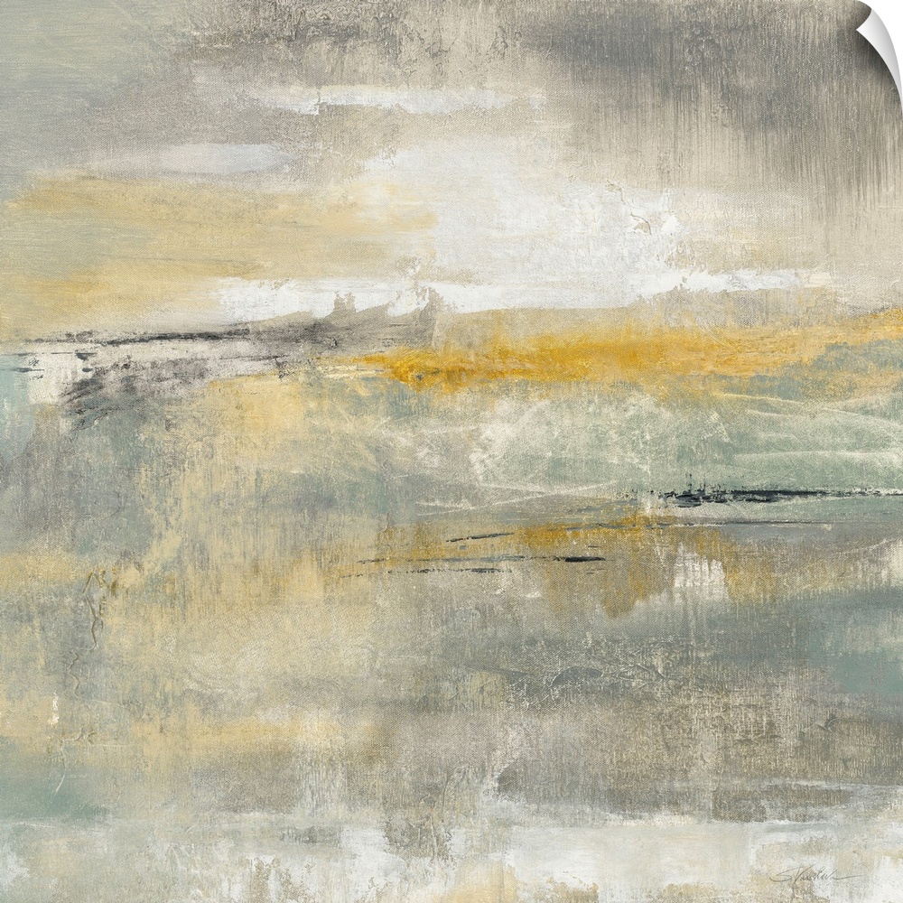 Square abstract painting with muted grey, green, and tan hues and pops of gold and black on top.