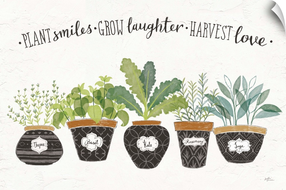 "Plant Smiles, Grow Laughter, Harvest Love" written in black above illustrations of five potted herb plants.