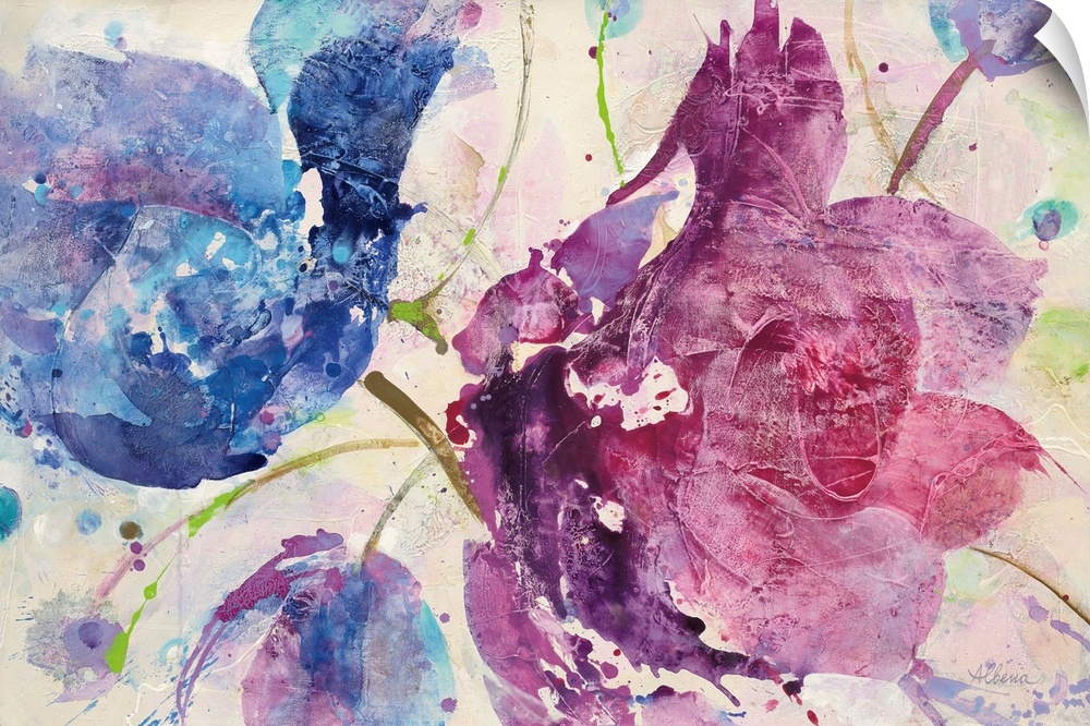 Large abstract painting of flowers in blue and purple tones.