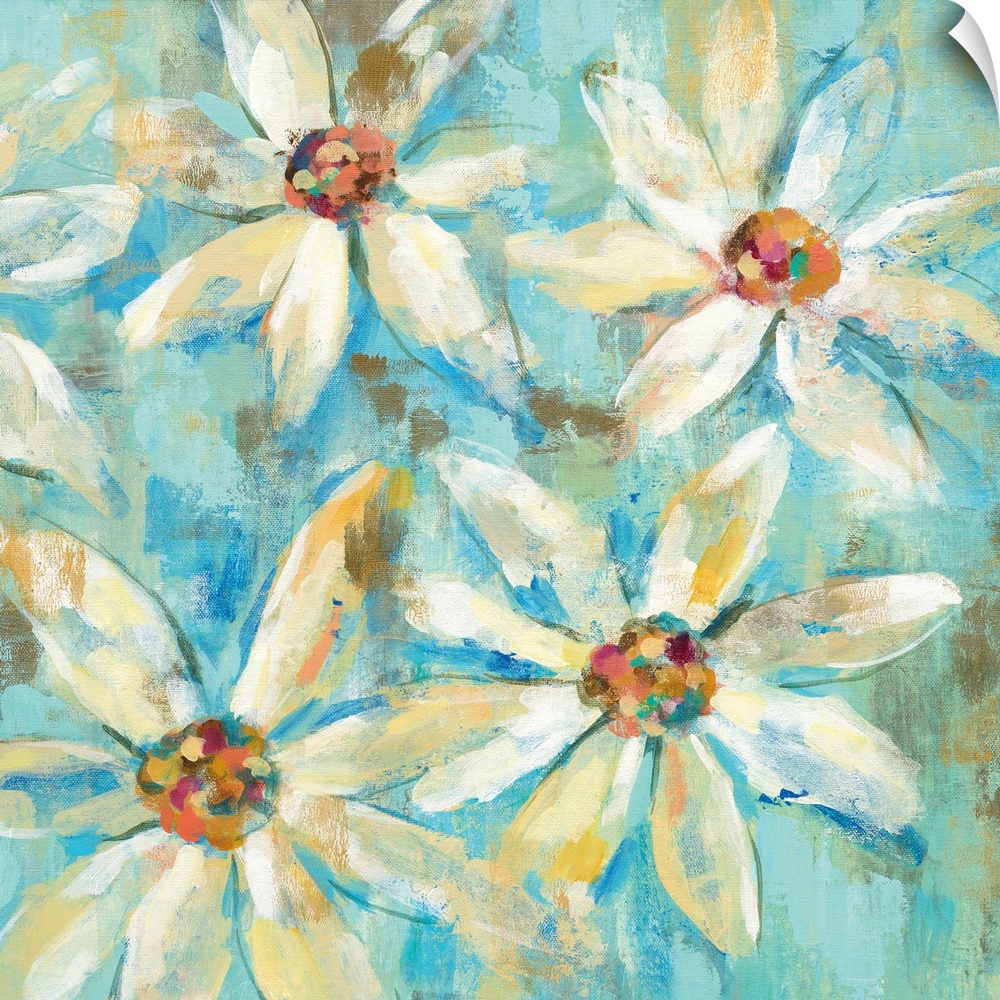 Contemporary painting of white flowers against a light blue background.