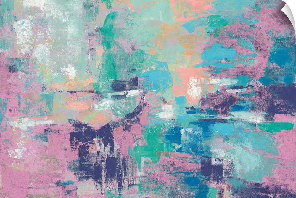 Large abstract painting with colorful layers on brushstrokes in shades of pink, green, blue, yellow, and white.