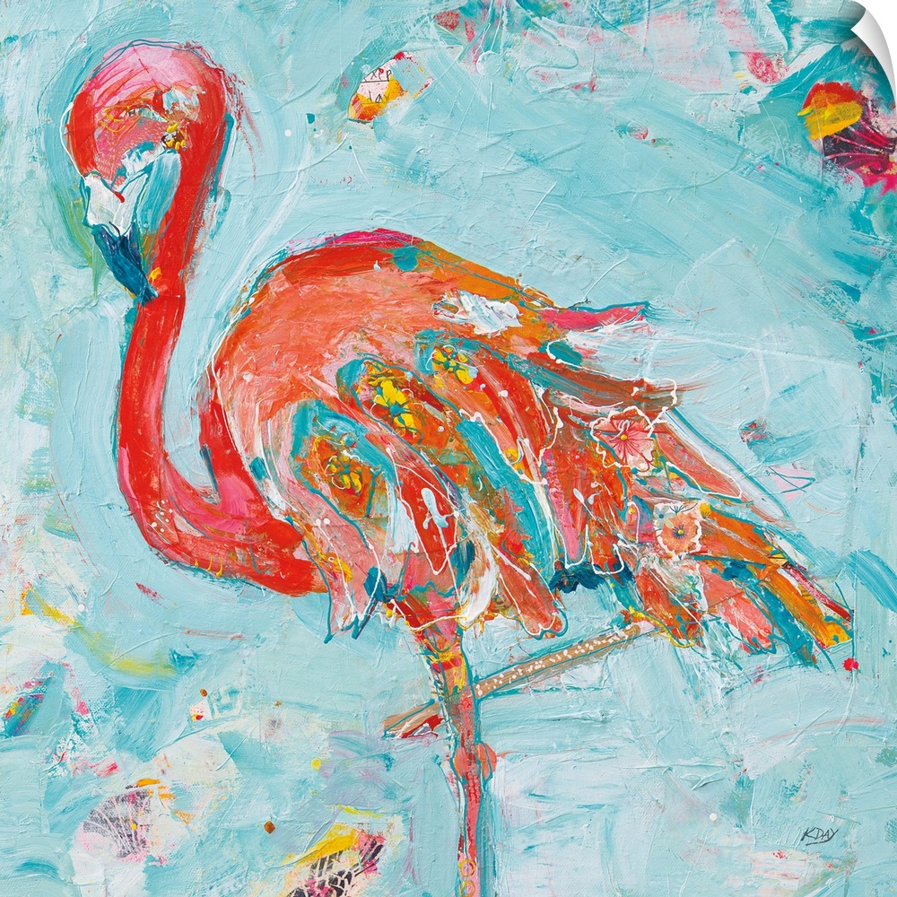 Energetic brush strokes in bright colors create a poised flamingo adorned with floral elements and paint splatters.