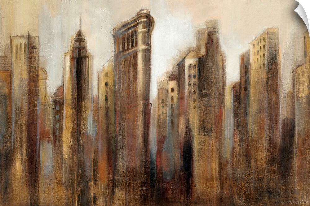 Contemporary painting of skyline.  The images looked smudged and the details of each building, such as window, fade toward...