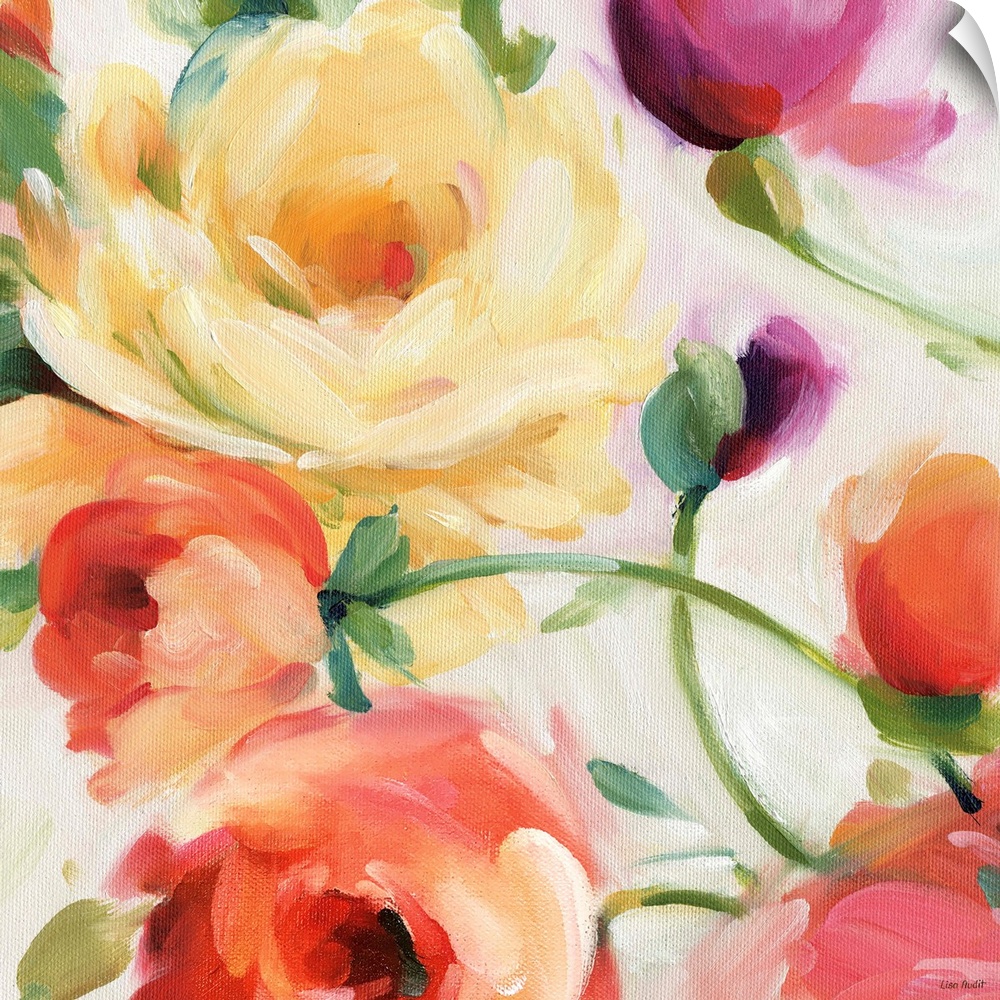 Square contemporary painting of large flower blooms in bold brush strokes.