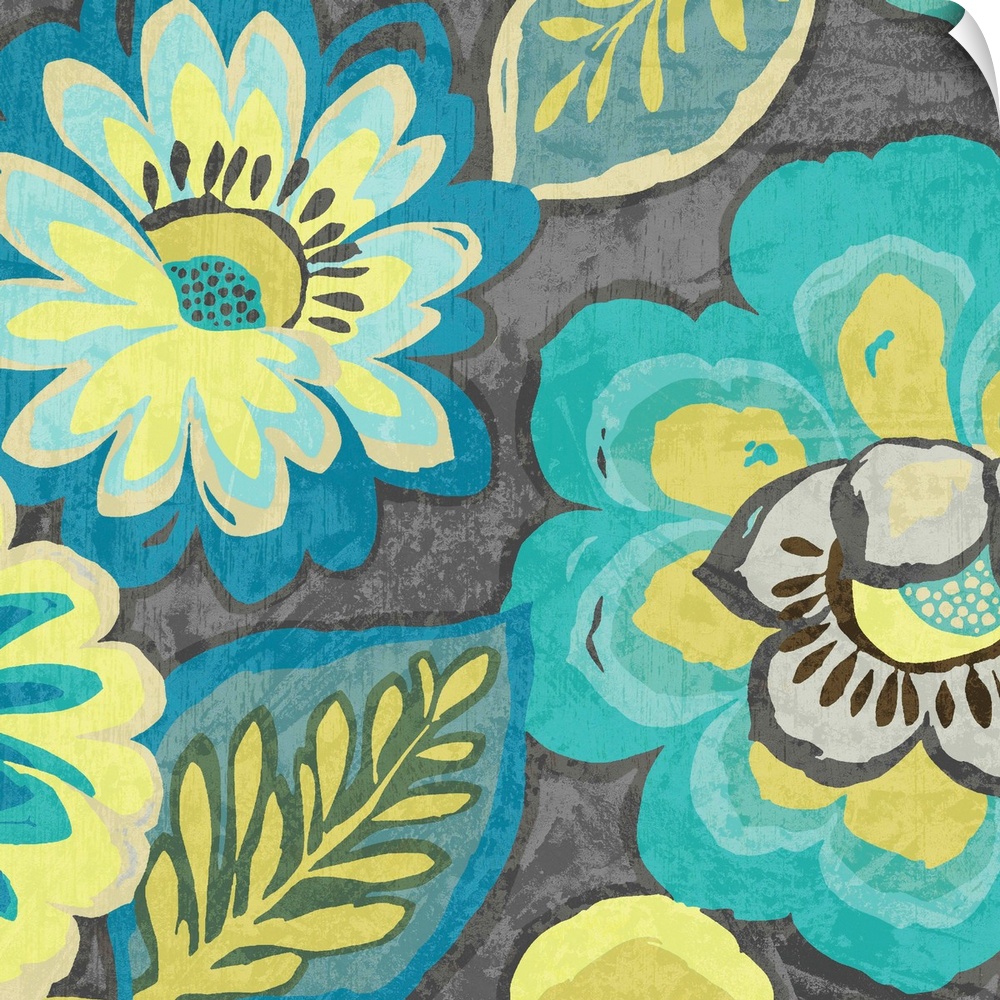 A contemporary painting of brightly painted flowers against a dark gray background.