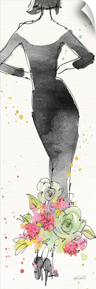 Watercolor painting of the backside of a woman in a long black dress with a floral bottom.