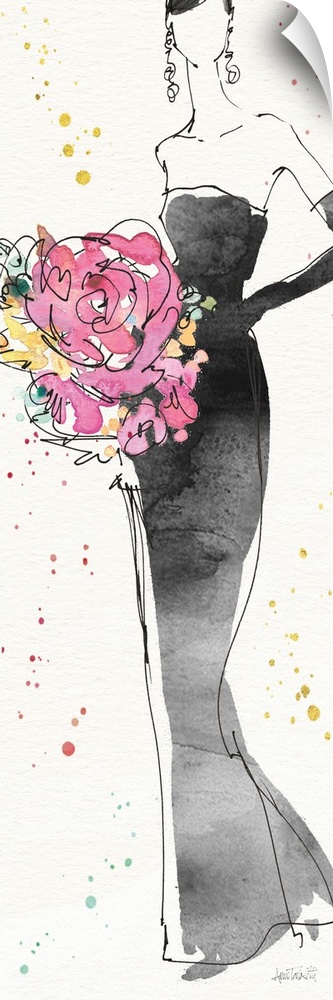 Watercolor painting of a woman wearing a long black strapless dress holding a bouquet of flowers.