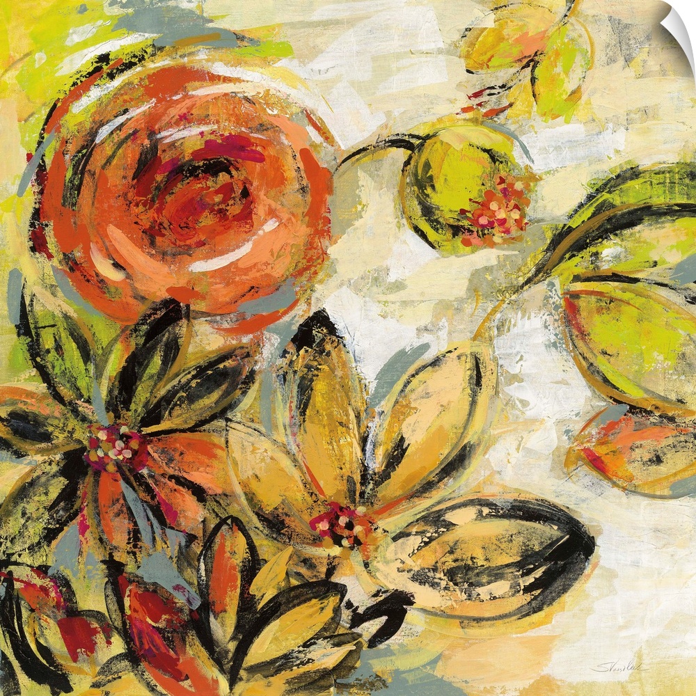Square floral abstract painting on a neutral colored background.