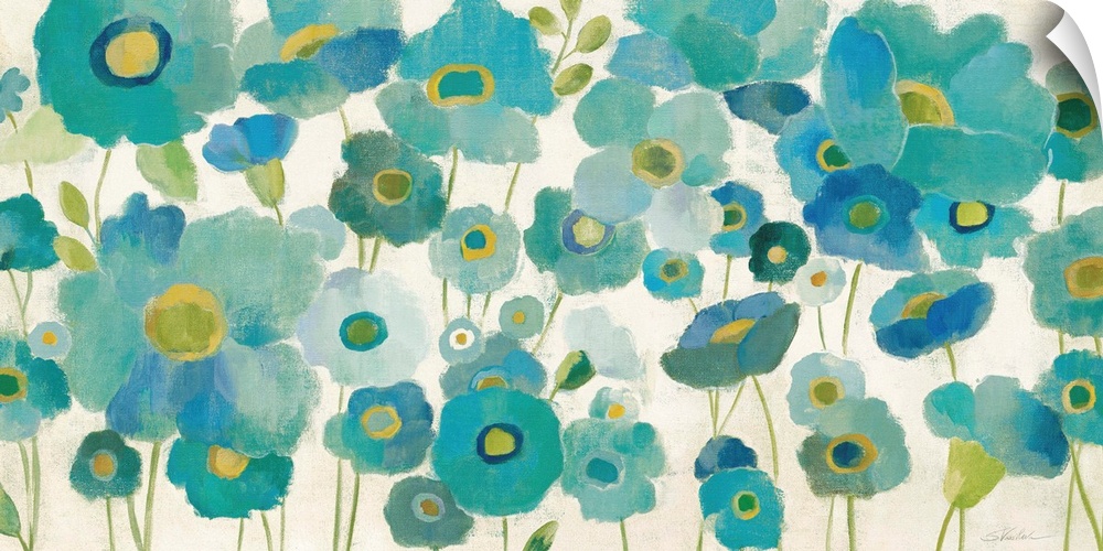 Contemporary painting of a garden of bright blue flowers.