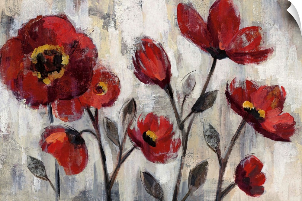 Painting of red poppies on grey.