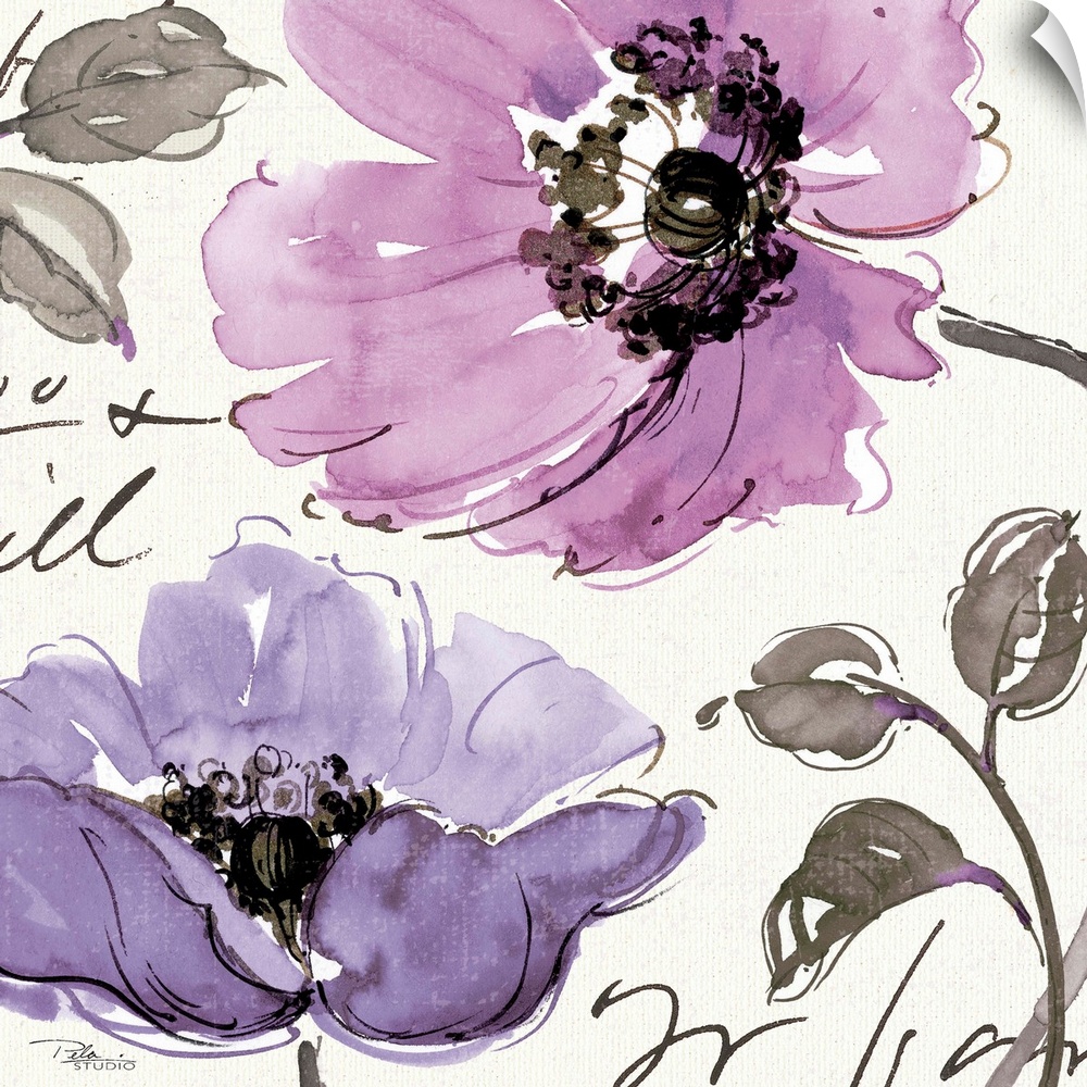 Contemporary watercolor painting of purple flowers on a neutral toned background with text.