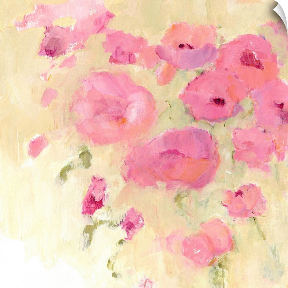 Contemporary artwork of soft pink flowers.