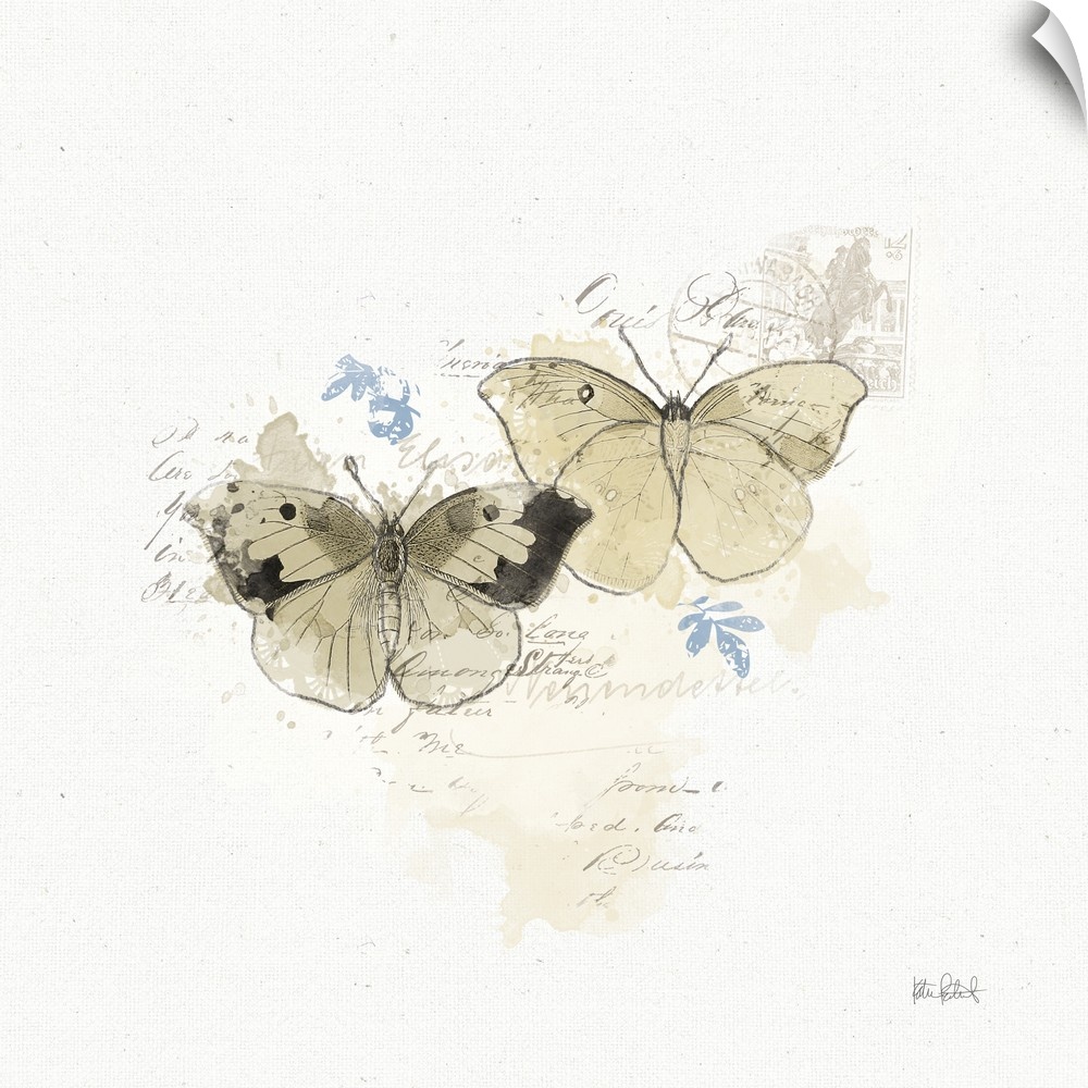 Square collage art that has two beige butterflies in the center with a few blue accent flowers behind them and faint handw...