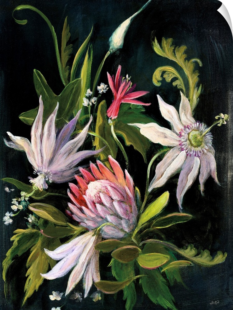 Contemporary painting of wildflowers flowers on a black background.